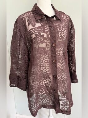 ELCC Womens Sheer Lace Textured Brown Mocha Button Front Layering Blouse Size XL